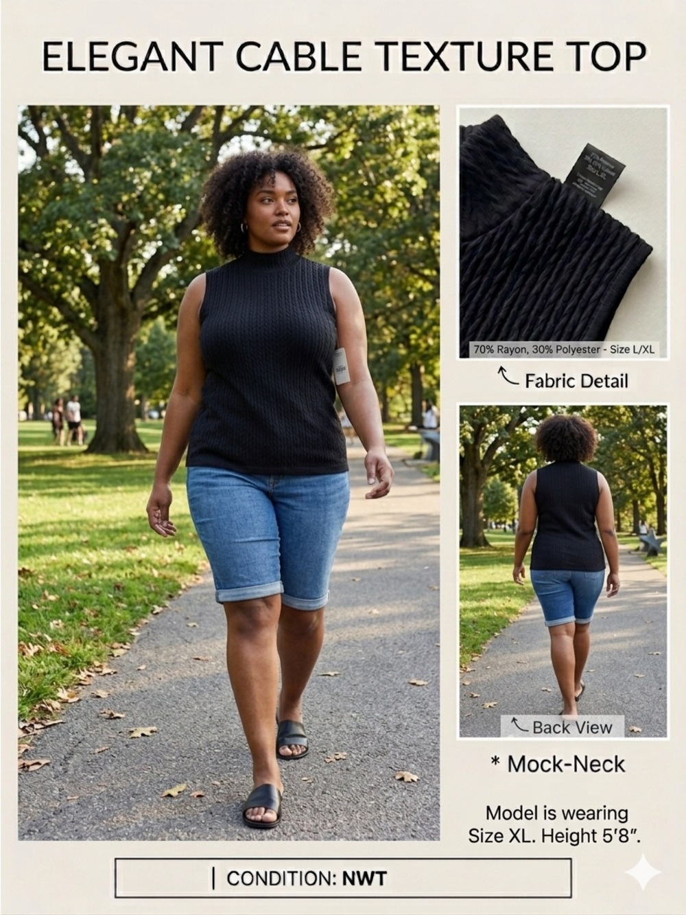 Cable Texture Mock-Neck Sleeveless Top - Black